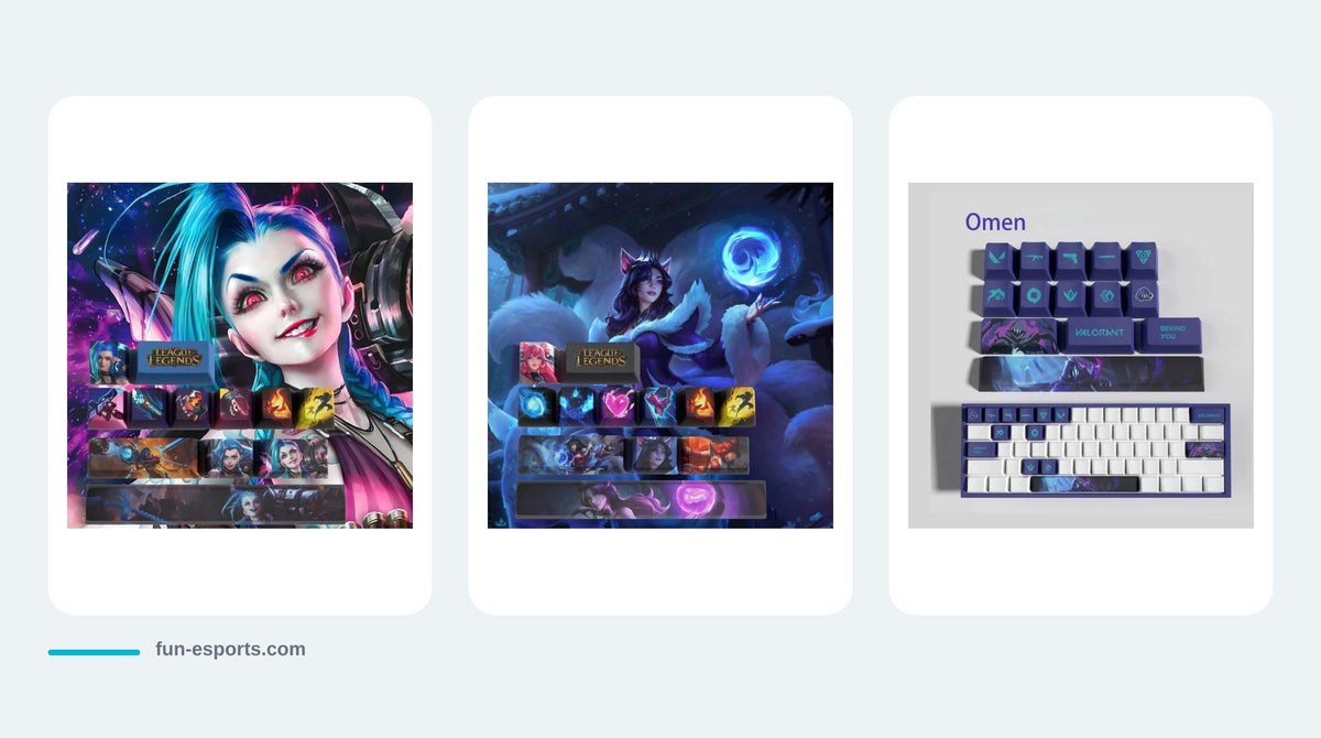 Trois kits de keycaps : Jinx, Ahri et Valorant Omen