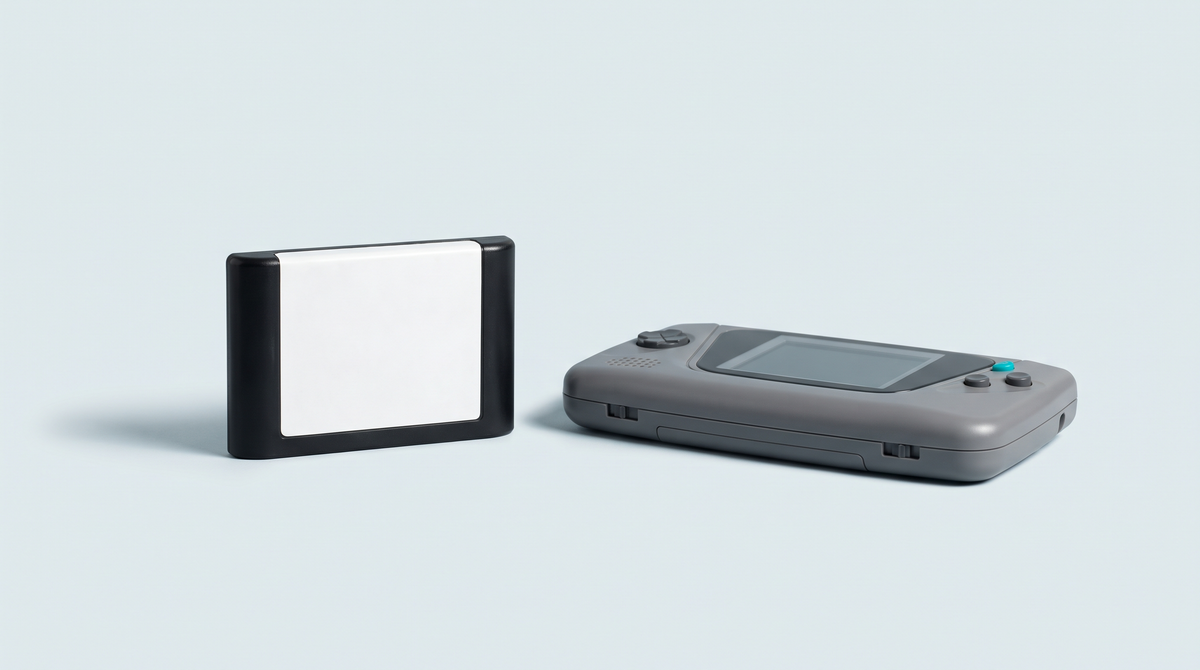 Cartouche de jeu 16 bits à étiquette vierge dressée devant une console portable rétro