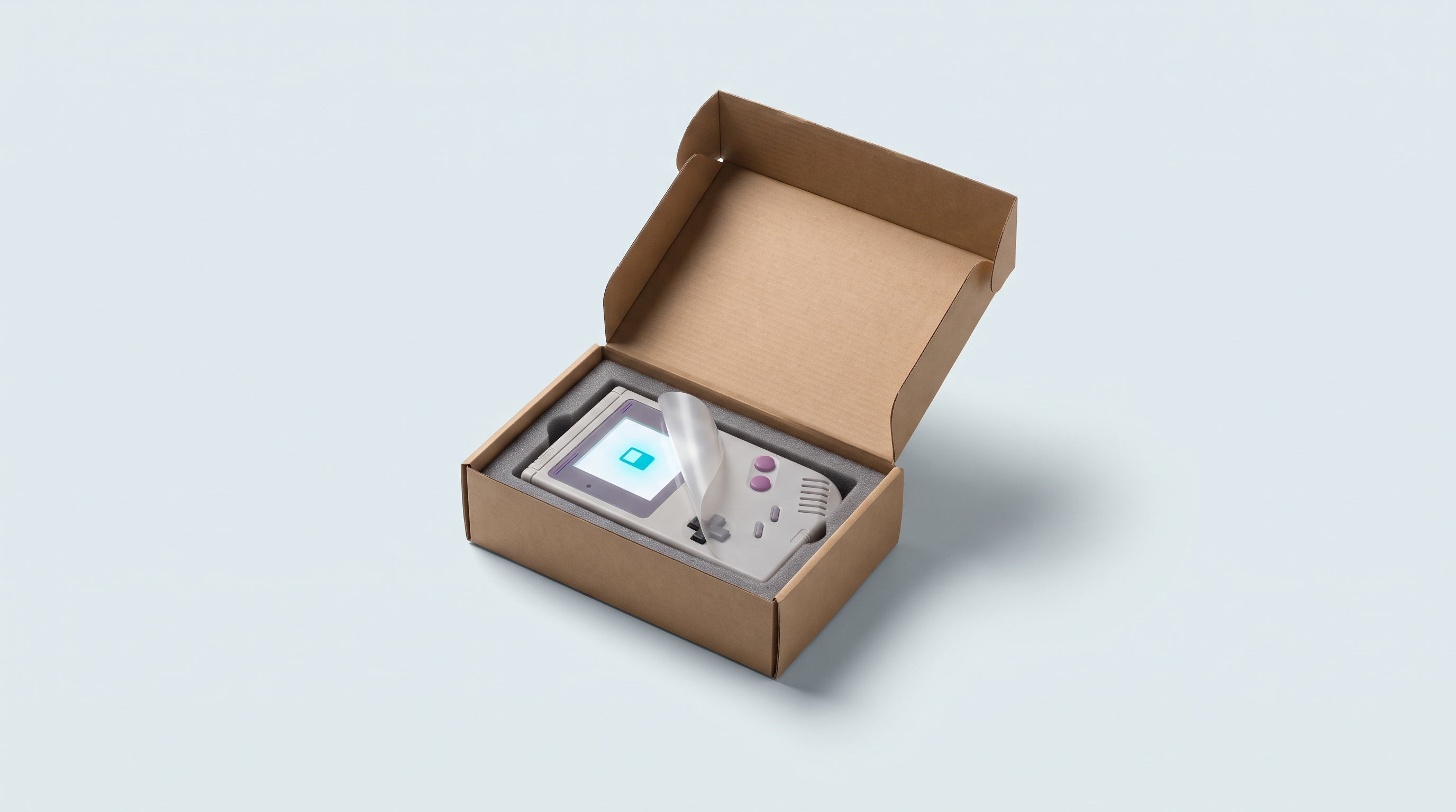 Console portable rétro neuve dans sa boîte ouverte, film de protection encore sur l'écran