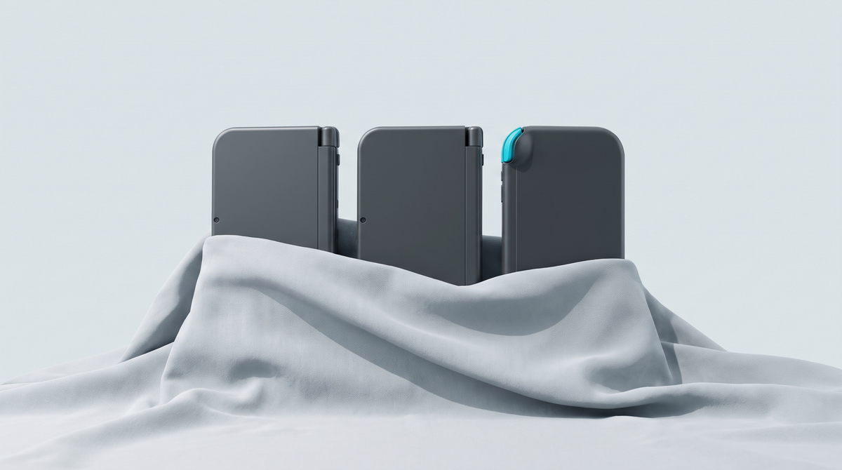 Trois consoles portables dressées en rang, à demi recouvertes d'un tissu gris clair