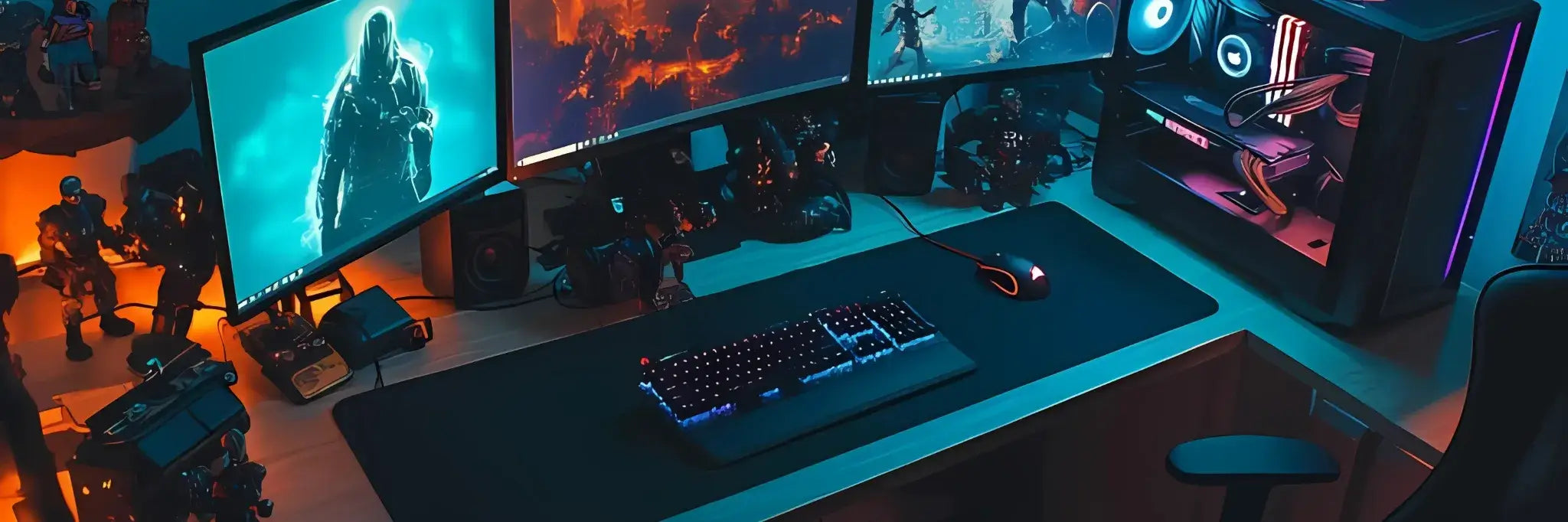bureau gaming avec triple écrans, clavier mécanique, souris et tapis de souris stylé pour une expérience de jeu optimale.
