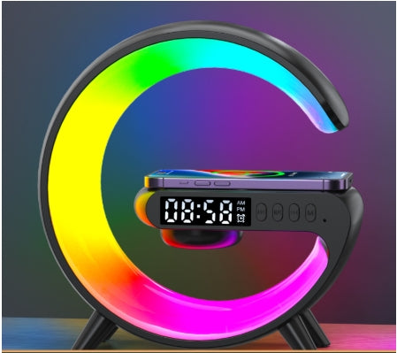Lampe d'ambiance LED en arche coloris noir, réveil à affichage LED et plateau de charge sans fil