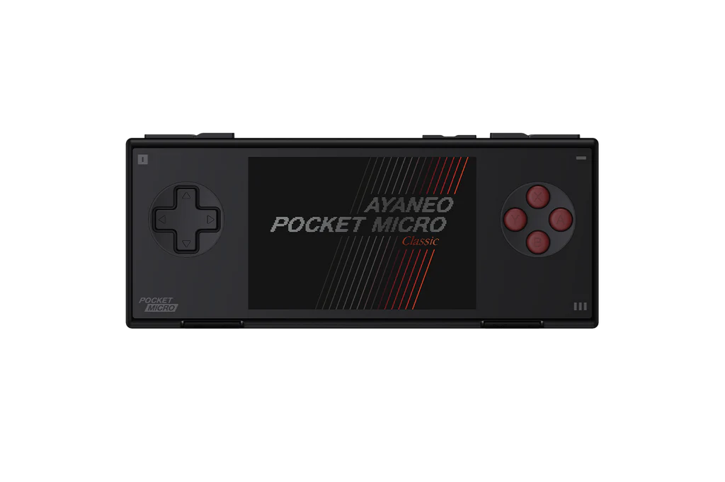 AYANEO Pocket Micro Classic – Mini console Android premium vue de face sur fond noir.