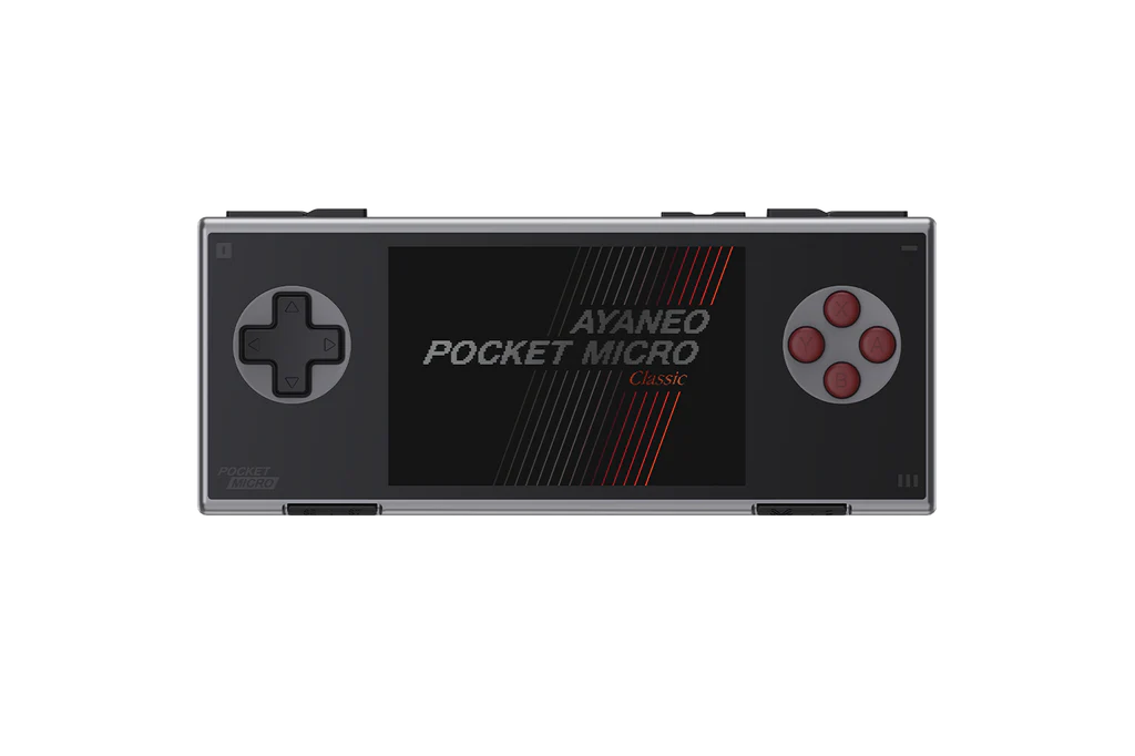 AYANEO Pocket Micro Classic – Mini console Android premium vue de face sur fond transparent.