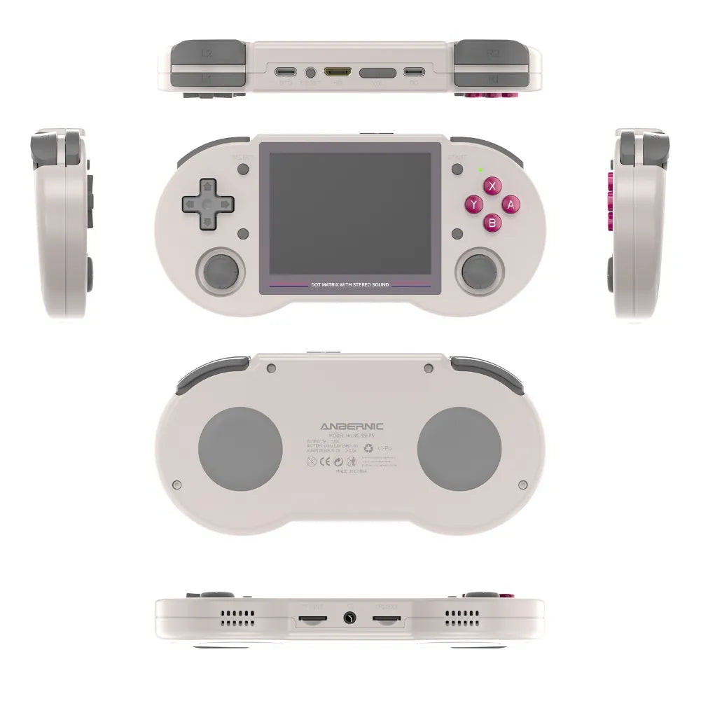 Anbernic RG353PS portable gaming console showcasing sleek design and multiple viewing angles.