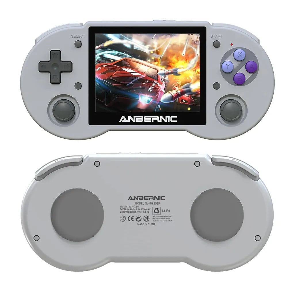 Anbernic RG353PS portable console with 3.5-inch IPS screen showcasing retro gaming experience.