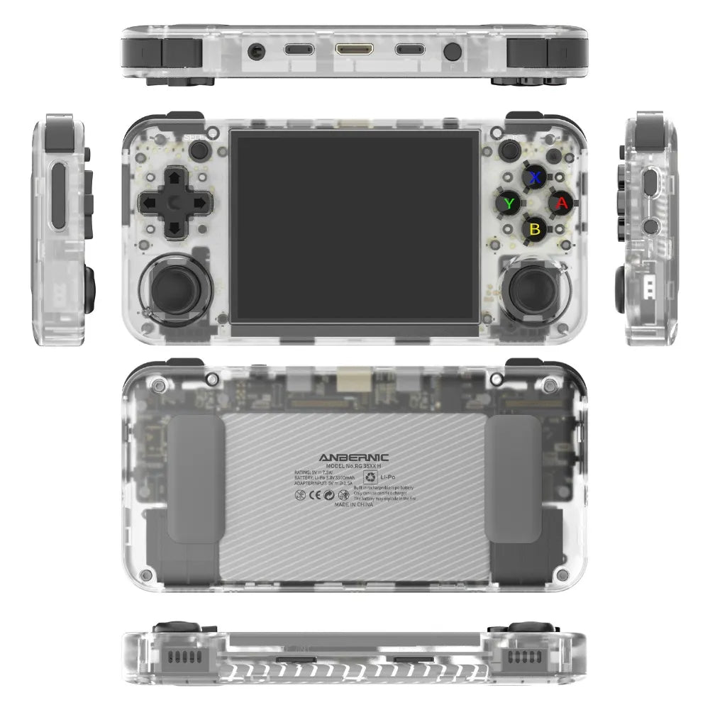 Console rétro Anbernic RG35XX H transparente vue de dessus et de côté avec écran.