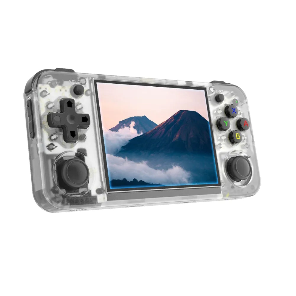Console rétro portable Anbernic RG35XX H avec écran IPS de 3,5 pouces et design transparent.