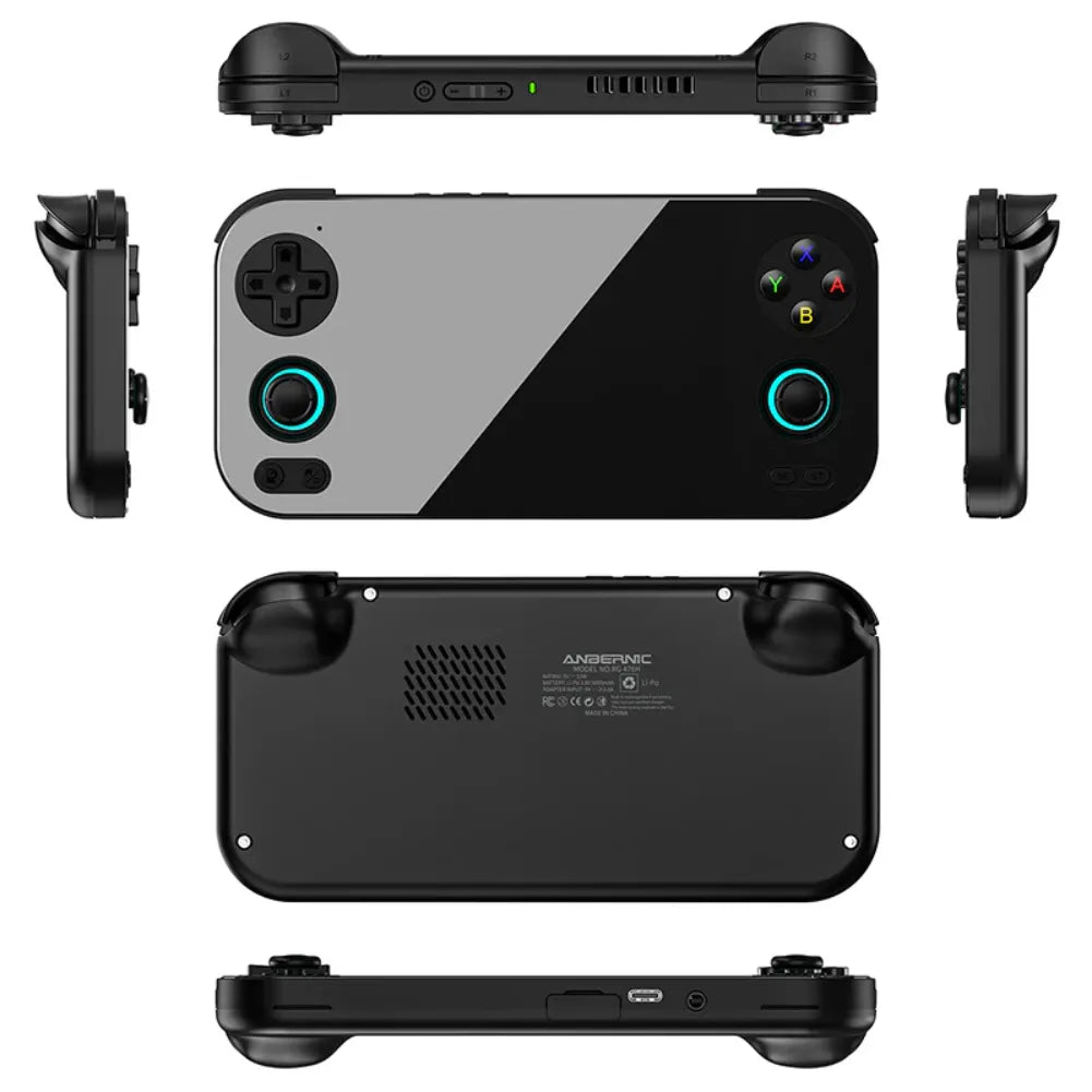 Anbernic RG476H - Console portable rétrogaming vue de dessus et de dessous, contrôleurs et ports USB-C.