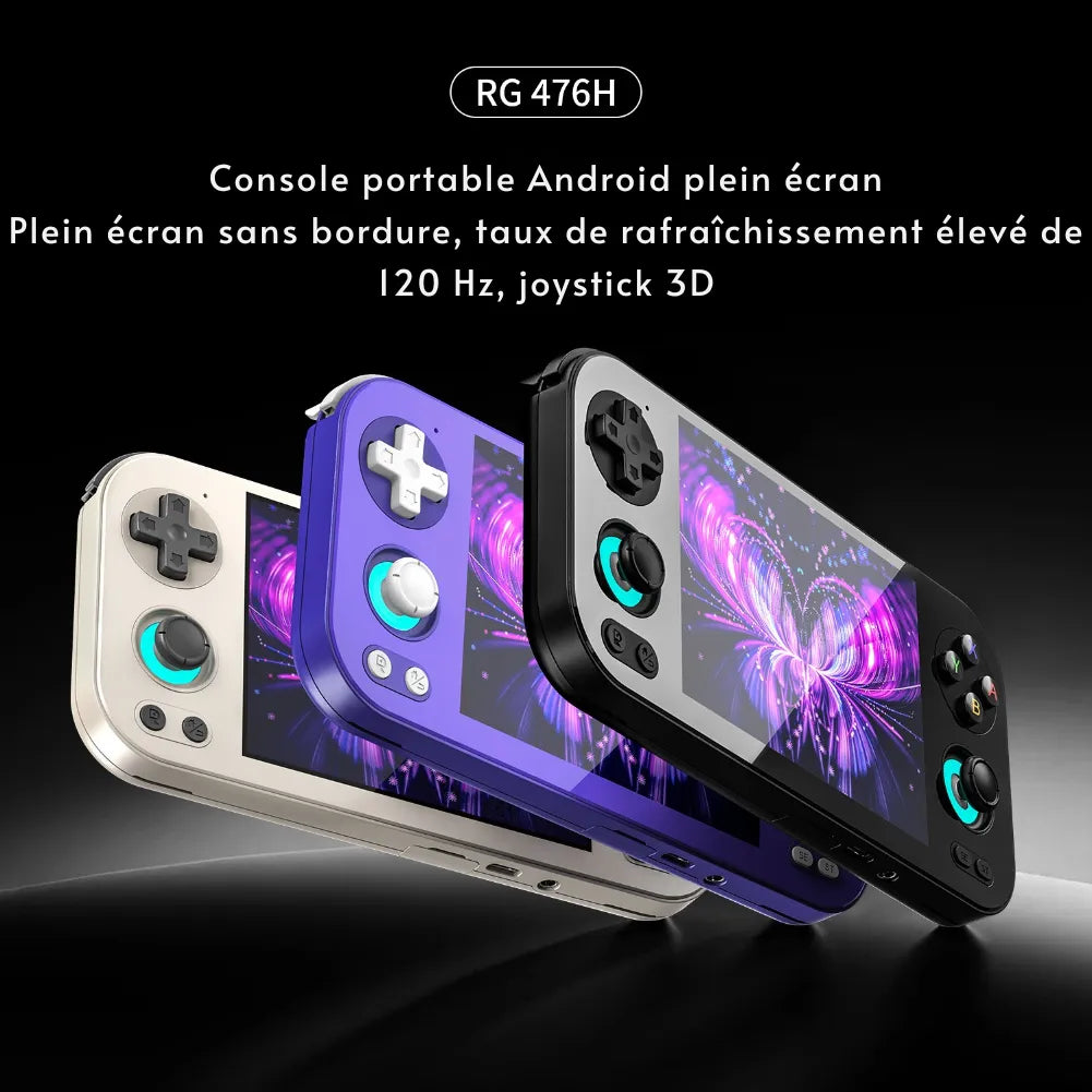 Anbernic RG476H - Console portable rétrogaming avec écran 120 Hz, joystick 3D et design sans bordure.