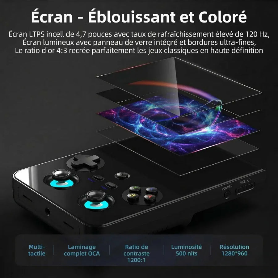 Anbernic RG 477V, console rétro verticale 4:3, détail de l’écran LTPS