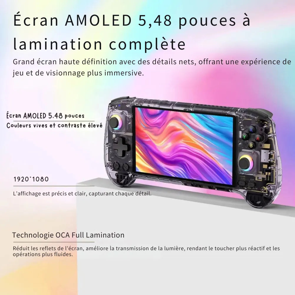 Console Anbernic RG557 avec écran AMOLED 5,48" haute définition et technologie OCA Full Lamination.