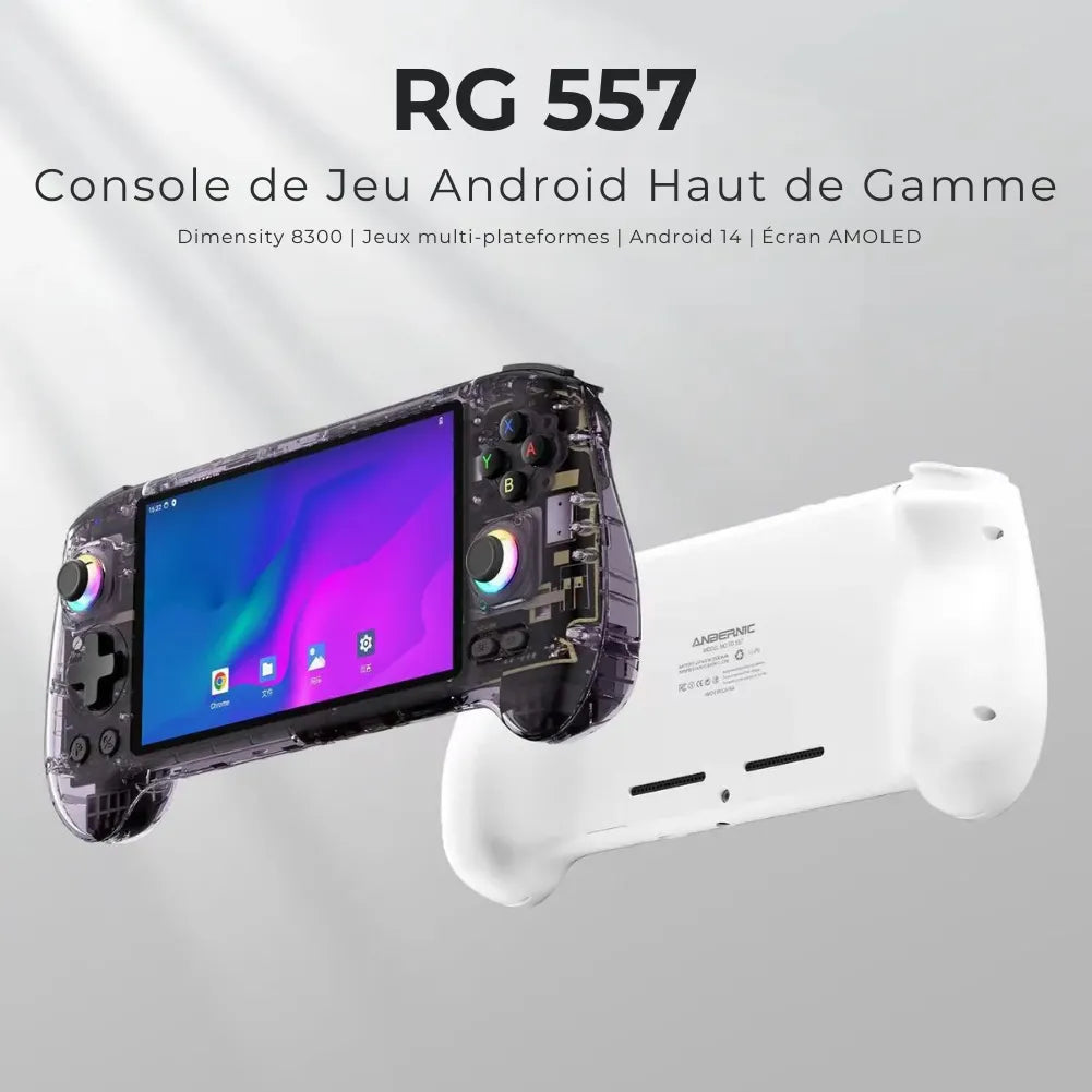Anbernic RG557, console portable Android haut de gamme avec écran AMOLED et processeur Dimensity 8300.