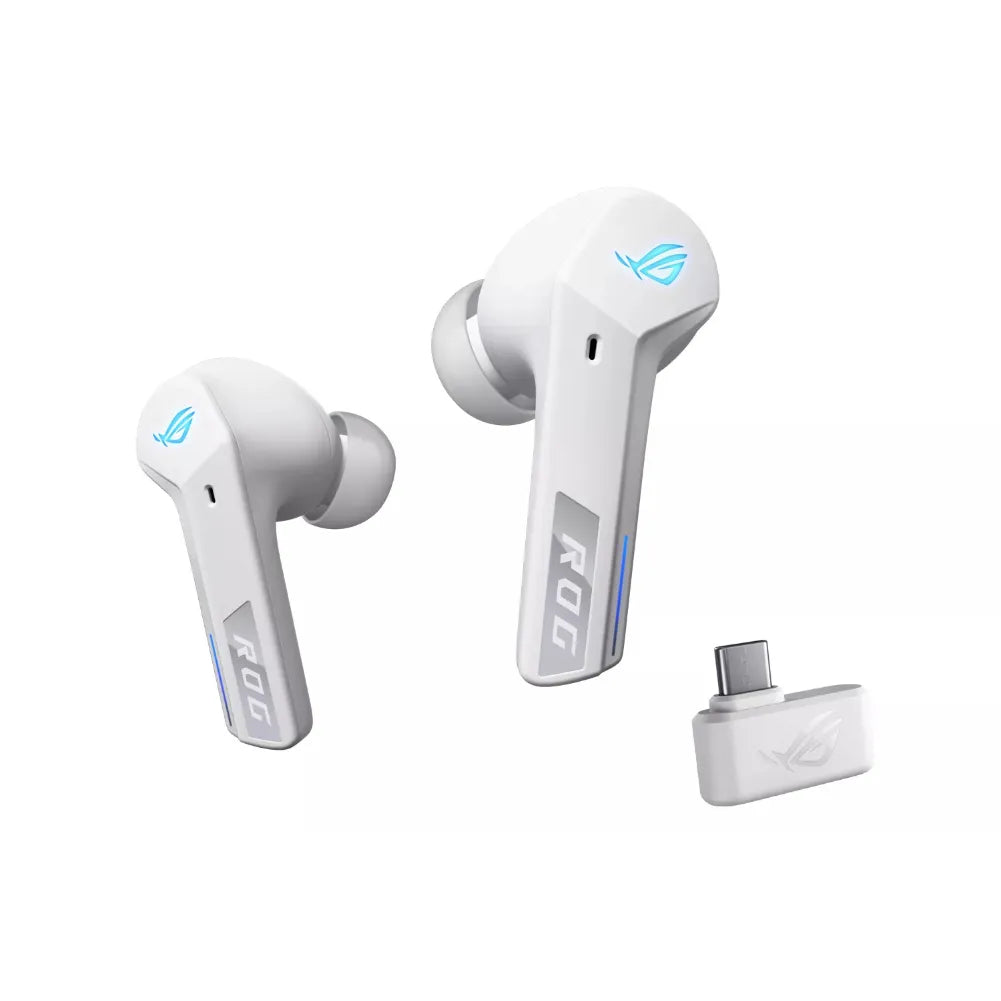 ROG Cetra TW SpeedNova – 2.4 GHz + Bluetooth, Hi-Res Écouteurs sans fil avec boîtier de charge en blanc.