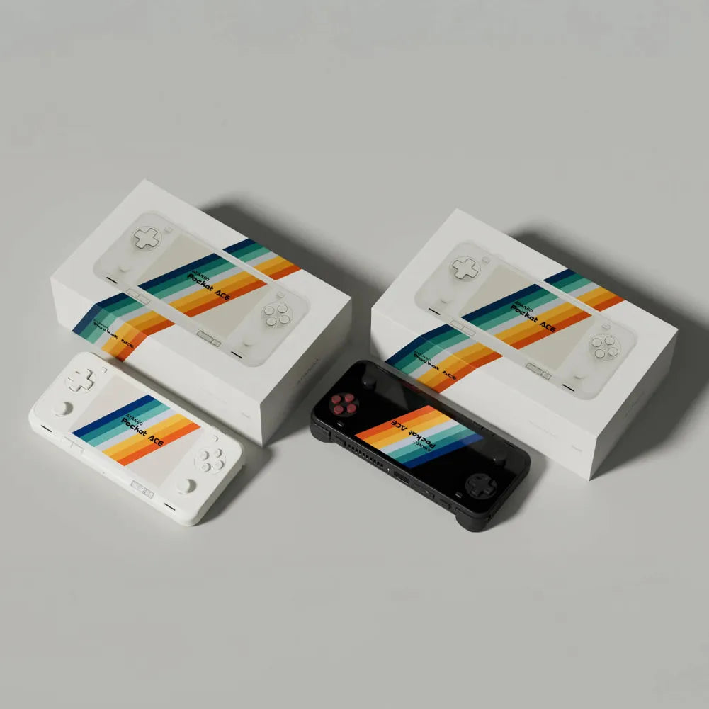 Boîte de l'AYANEO Pocket ACE G3x Gen 2 avec manette blanche et noire, prête pour le jeu partout!