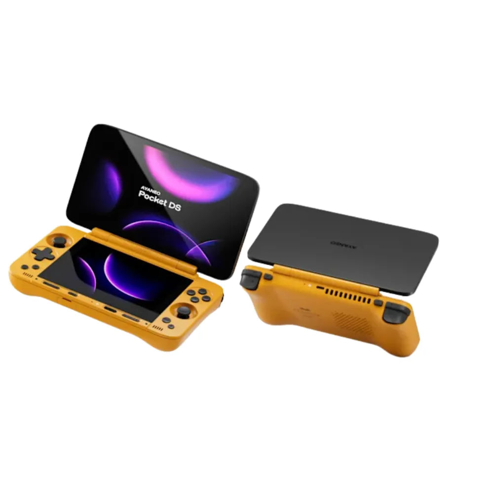 AYANEO Pocket DS – Double écran, émulation & jeux, console portable ouverte avec écran jaune et noir.