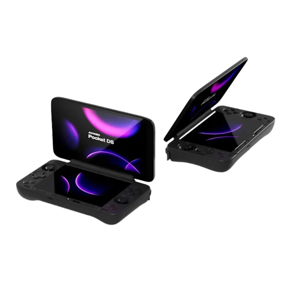 AYANEO Pocket DS – Double écran, émulation & jeux, vue de l'appareil portable avec écran ouvert et commandes.
