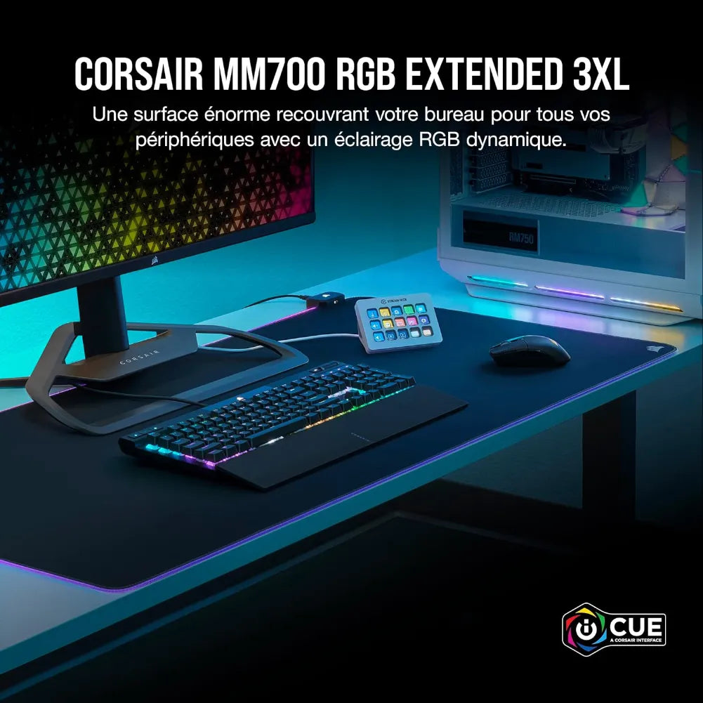 Corsair MM700 RGB Extended 3XL gaming mouse pad with RGB lighting, covering a large desk surface for peripherals.