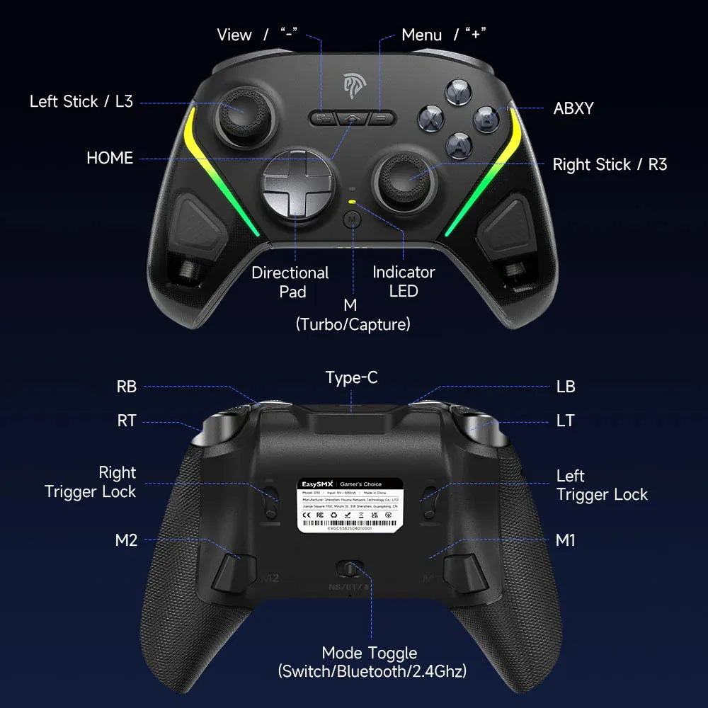 Manette EasySMX D10 Violet : TMR sticks, dock, 1000Hz - vue des commandes et connecteurs.