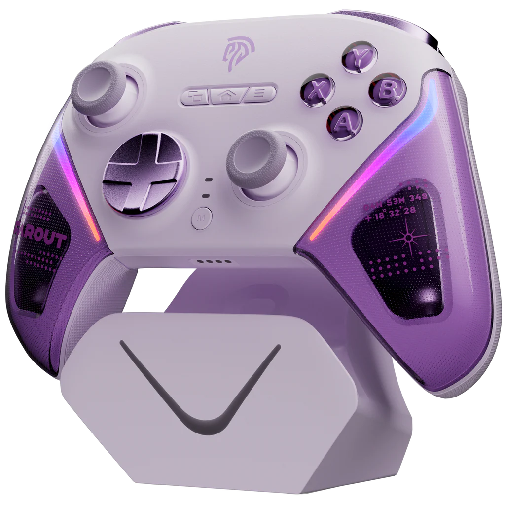Manette EasySMX D10 Violet : TMR sticks, dock, 1000Hz sur support, avec touches et accents violets.