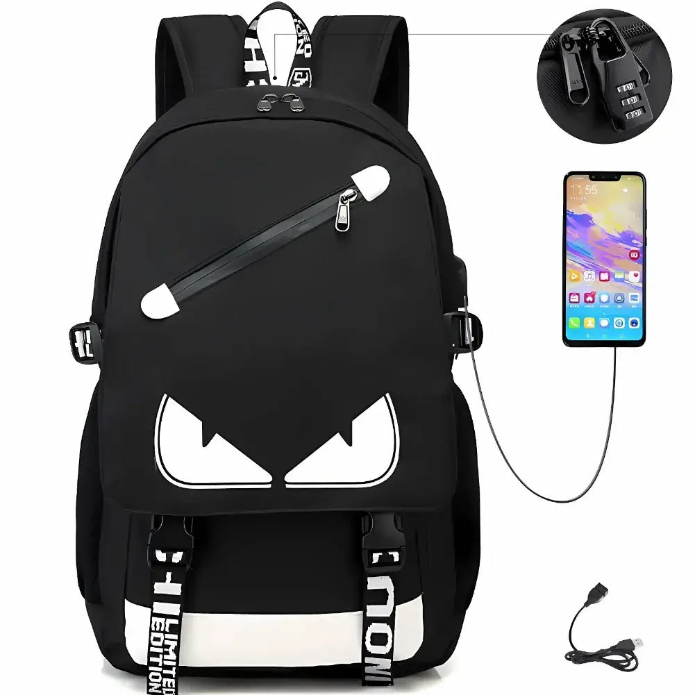 Sac à dos ordinateur portable noir avec design stylé, port USB, et fermeture à code antivol.