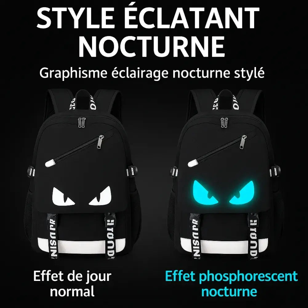 Sac à dos ordinateur avec éclairage phosphorescent stylé, effet de jour et nuit, design moderne et gamer.