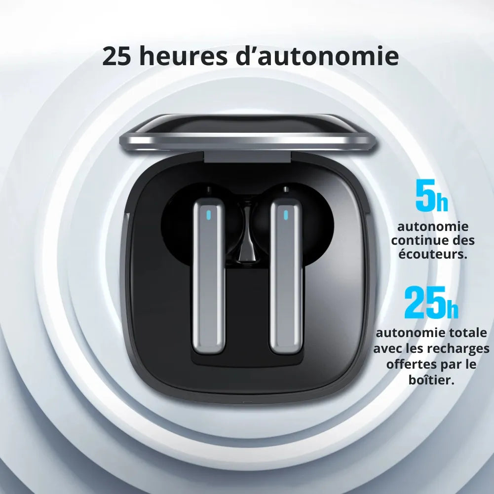 Écouteurs Bluetooth Retroid Pocket avec 25 heures d'autonomie pour une expérience audio prolongée.