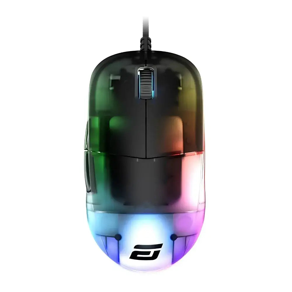 Endgame Gear XM1 Dark Frost souris gamer RGB, design translucide avec éclairage coloré et boutons réactifs.