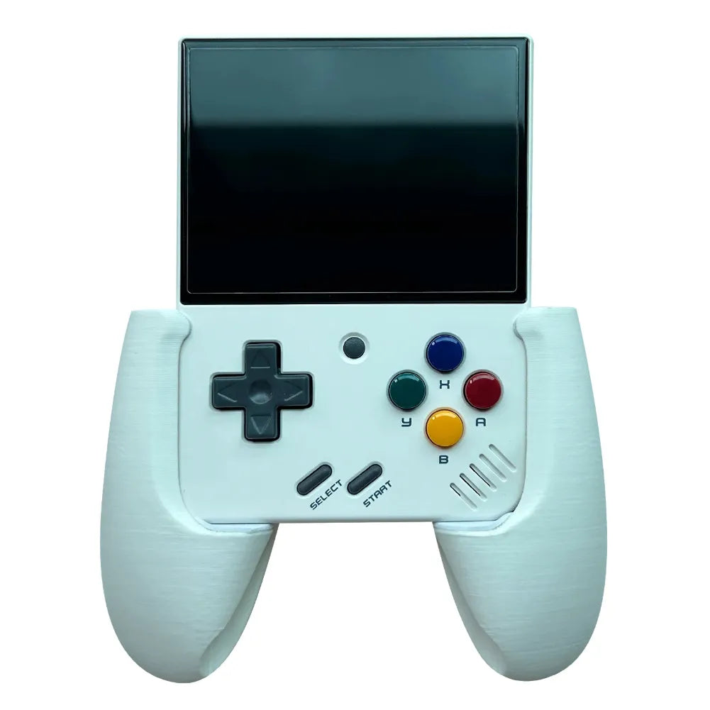 Grip ergonomique Miyoo Mini Plus sur manette, offrant confort et précision pour des sessions prolongées.
