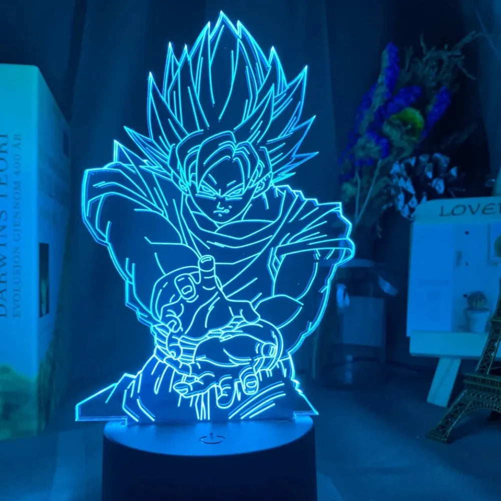 Lampe LED 3D Goku Kamehameha vue de face bleu clair