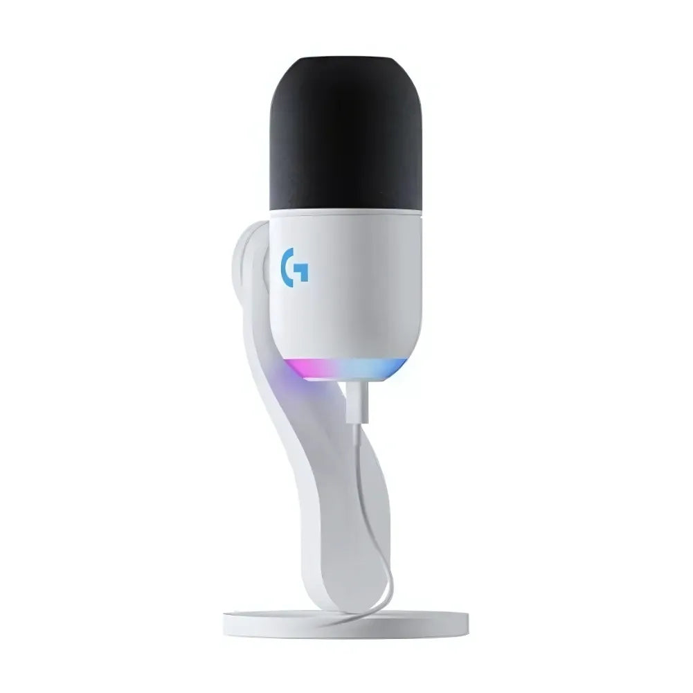Vue avant du microphone Logitech G Yeti GX Blanc avec effets RGB.