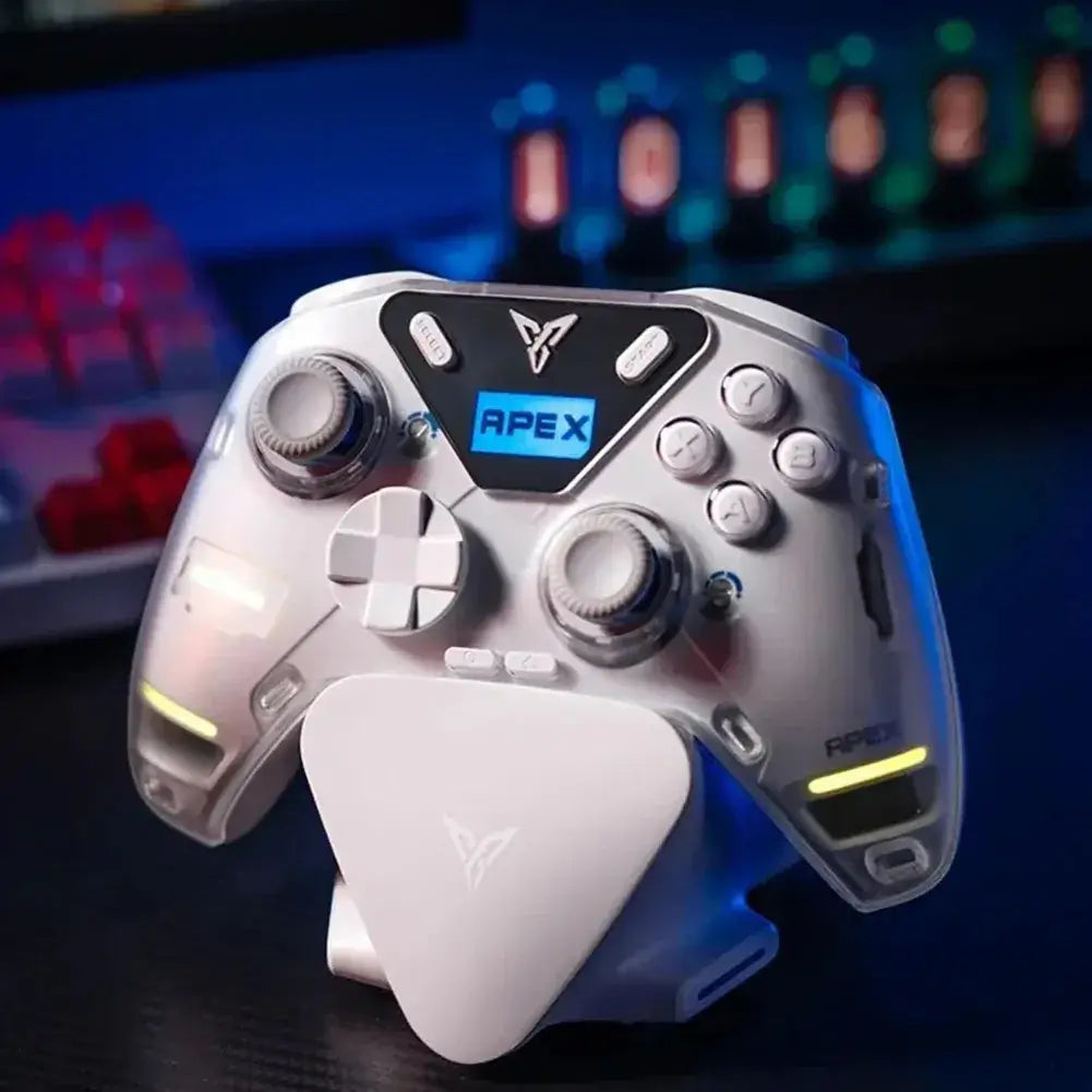 Flydigi Apex 4 wireless gaming controller on charging stand, showcasing interactive LCD screen and sleek design.