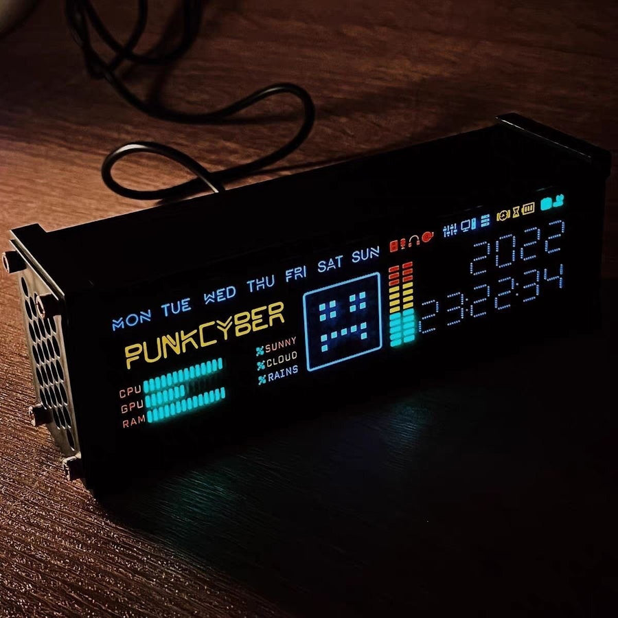 Horloge de bureau PunkCyber WFD allumée, heure et date sur son bandeau de LED