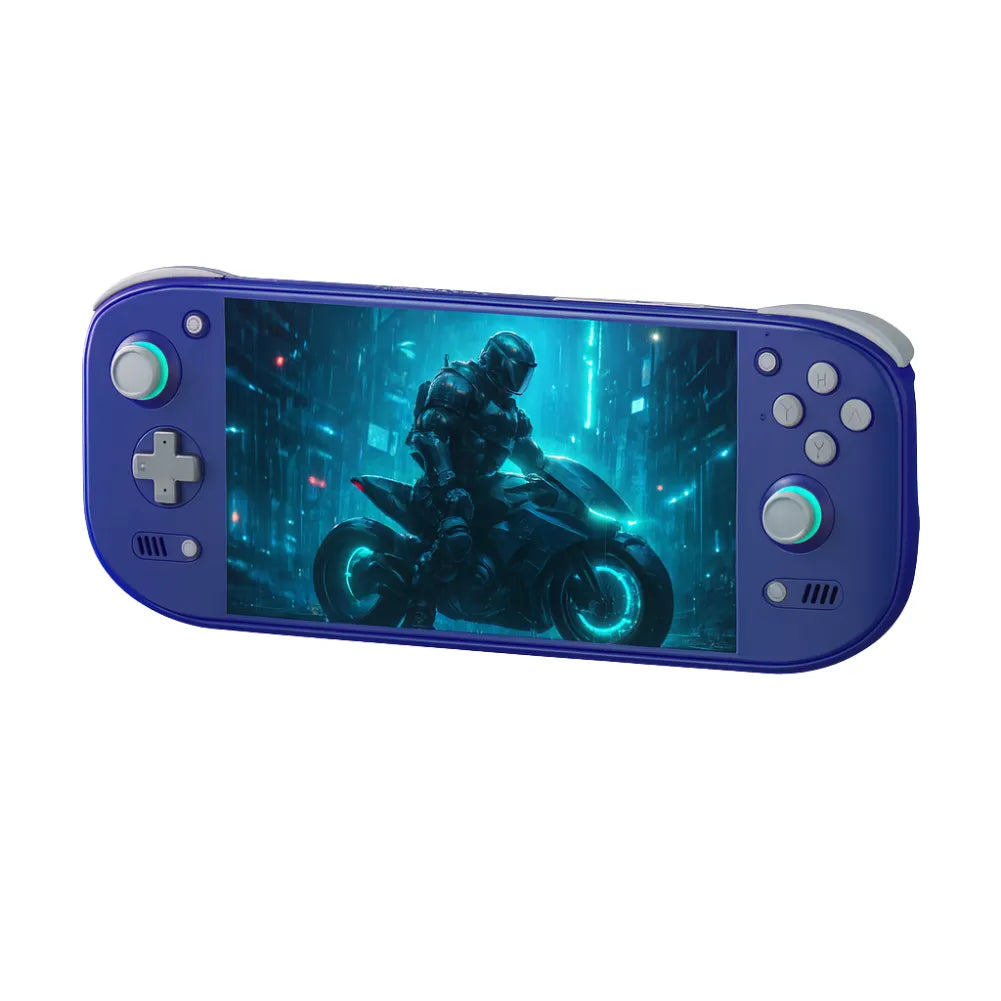 AYN Odin 2 Portal — Console portable AMOLED 7'' 1080p avec écran affichant un jeu vidéo futuriste.