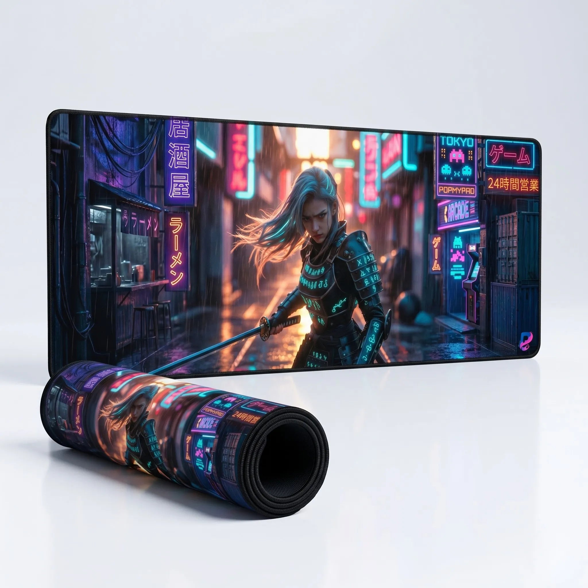 Tapis de souris XXL Cyberpunk Samurai | PopMyPad | 900x400mm | 3 mm | Vitesse et Précision.