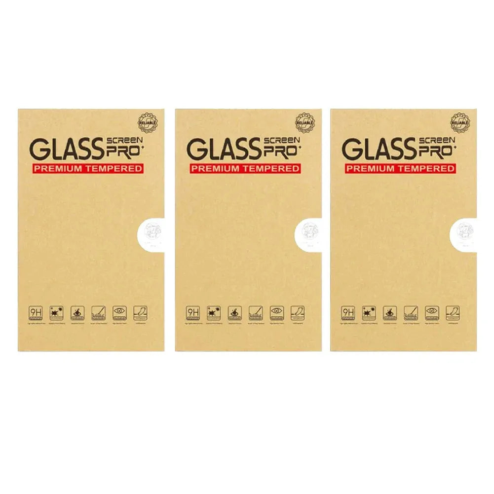 Emballage de protections d'écran en verre trempé Glass Pro, trois exemplaires, pour appareils électroniques.