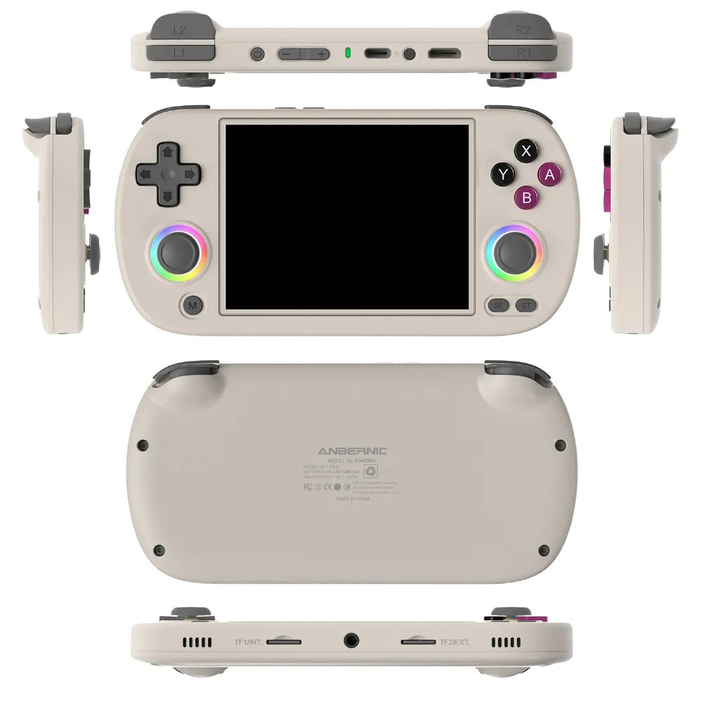 Anbernic RG40XX H portable retro gaming console showcasing front, back, and side views with buttons and screen.