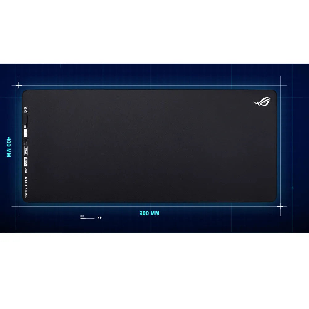 ROG Hone Ace XXL gaming mouse pad dimensions 900x400 mm with logo on a blue background. Durable and practical design.