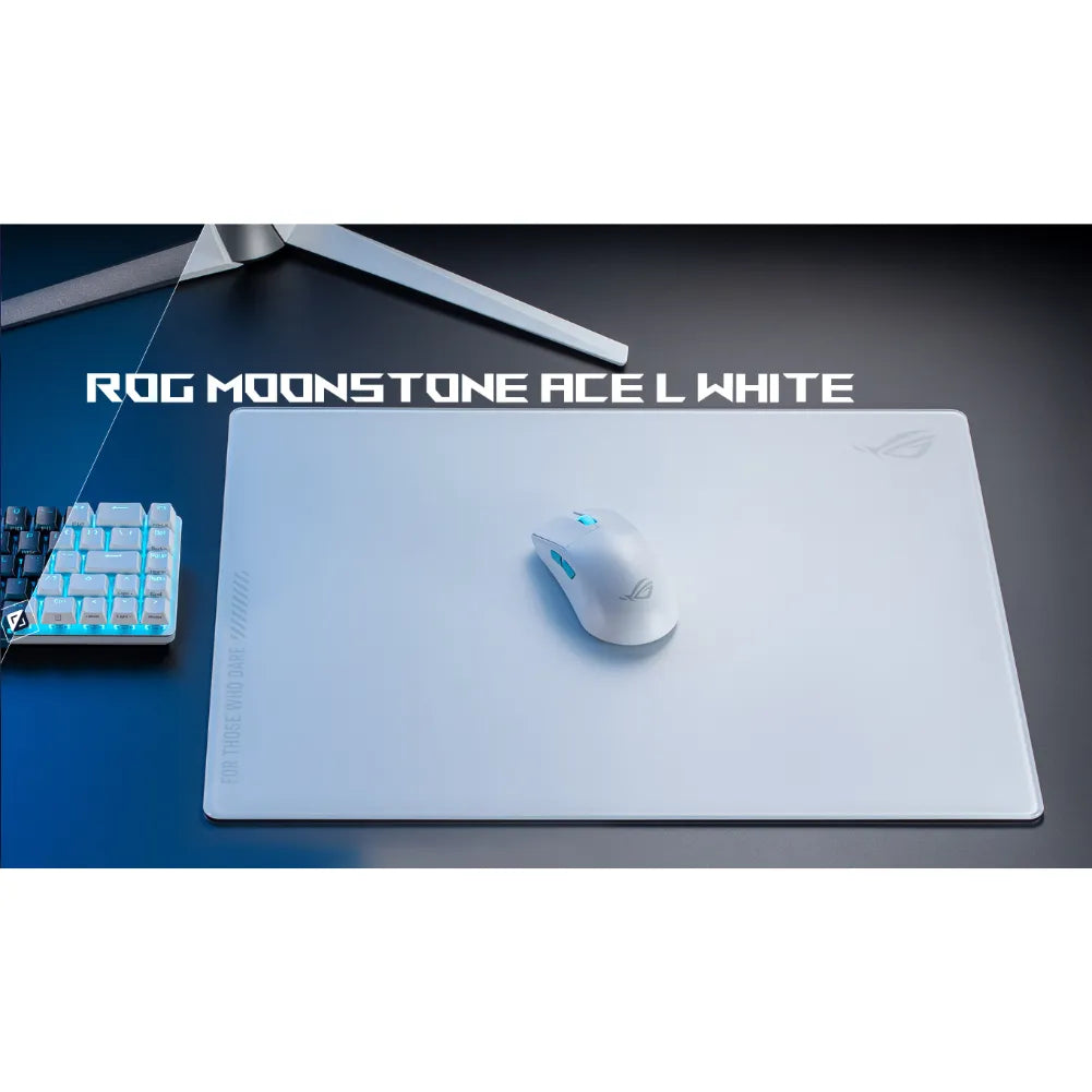 ROG Moonstone Ace L Blanc - tapis de souris gaming en verre trempé avec souris blanche sur une surface ultra-lisse.