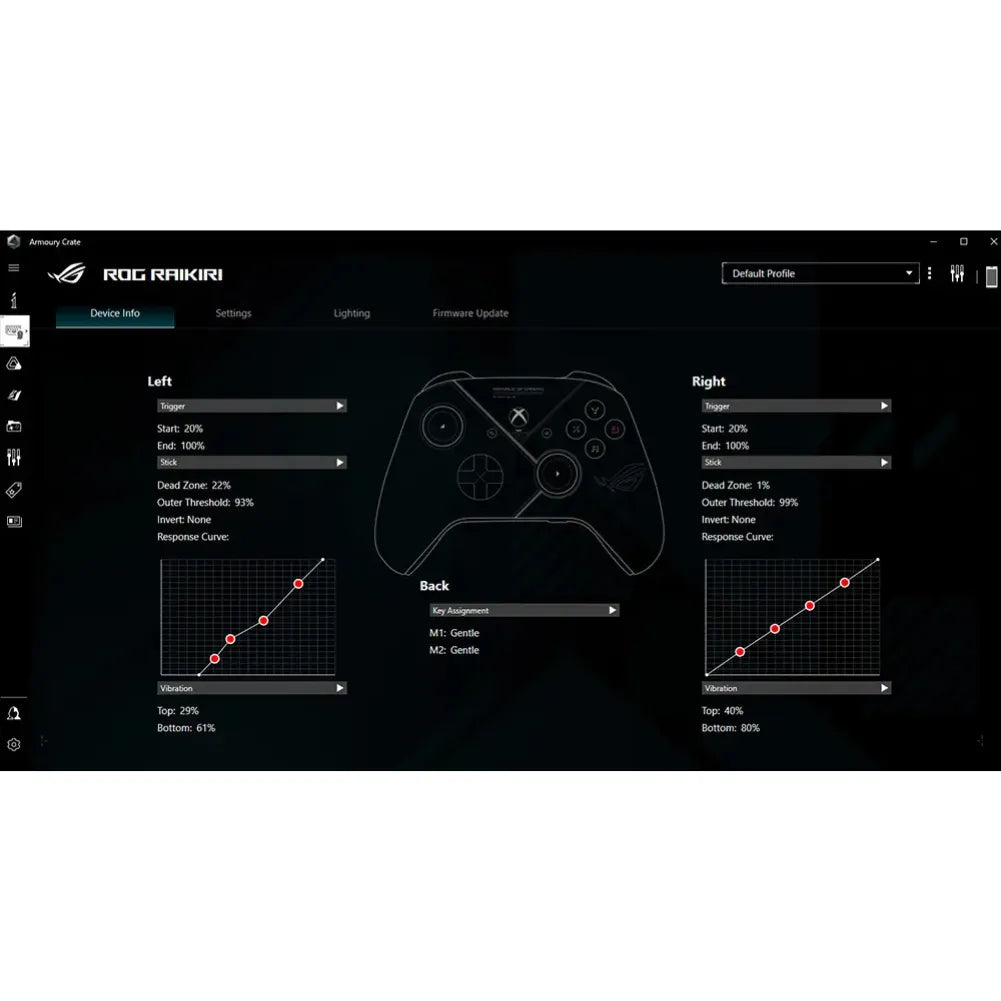 Interface de personnalisation de la manette ROG Raikiri montrant les paramètres et réglages des gâchettes.