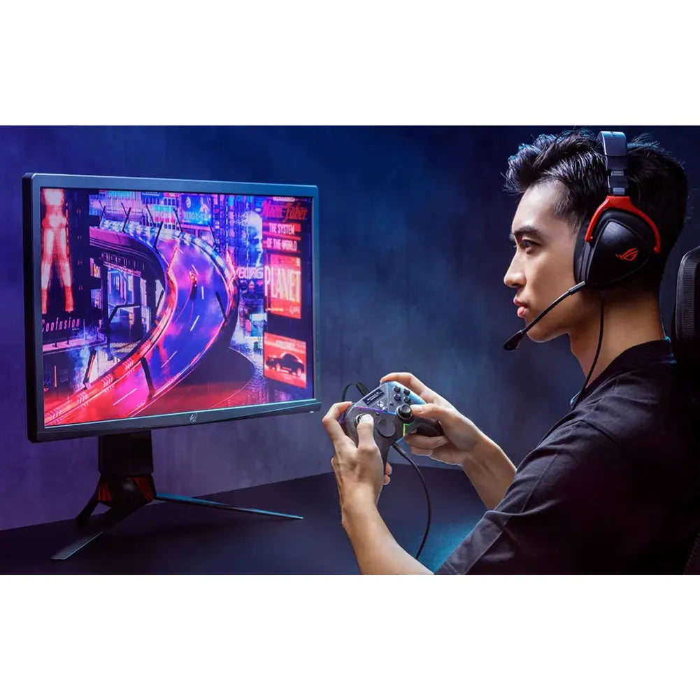 Un joueur utilisant la manette ROG Raikiri Pro devant un écran LED vibrant, immersif dans un jeu vidéo.