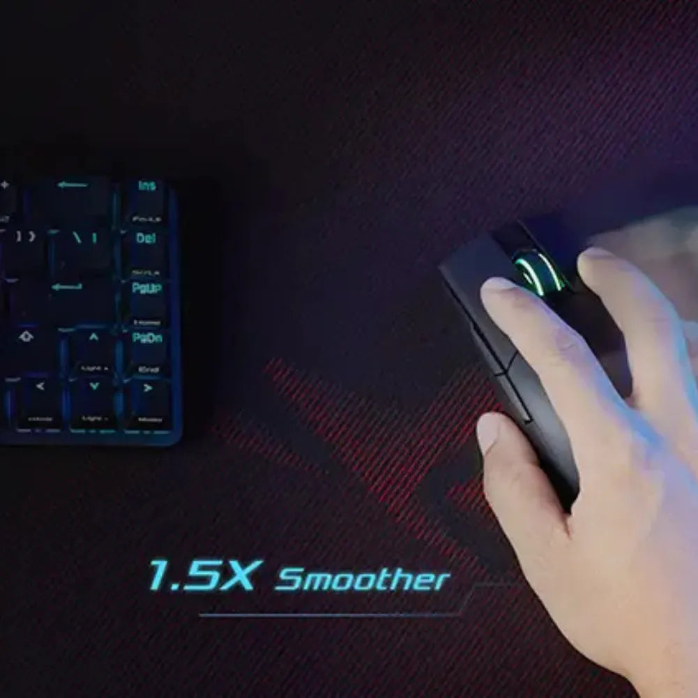 ROG Scabbard II gaming mouse pad showcasing 1.5x smoother glide with keyboard and mouse.
