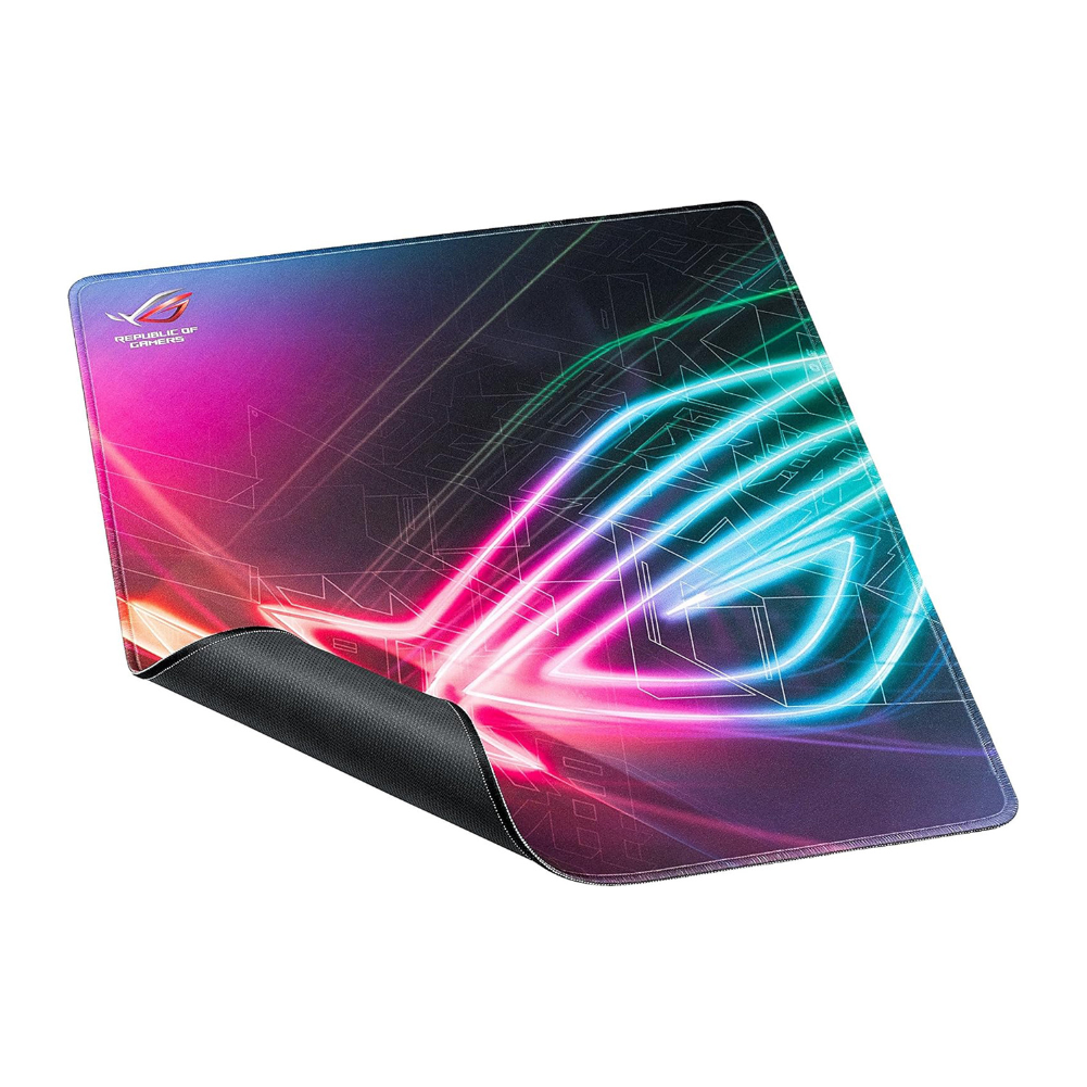 ROG Strix Edge vertical gaming mouse pad with textured surface and anti-slip base, featuring vibrant graphic design.