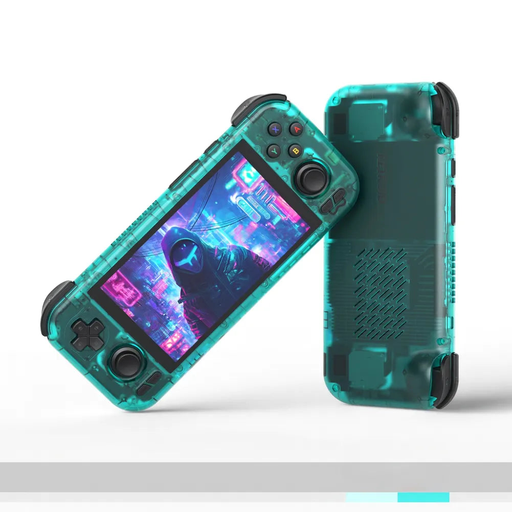 Retroid Pocket 4 Pro, console Android, design transparent, écran 4,7" avec rétroéclairage, manettes ergonomiques.