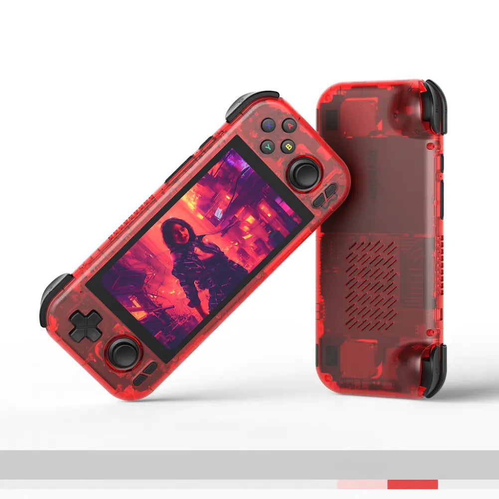 Manette de jeu Retroid Pocket 4 Pro rouge avec écran affichant un personnage, vue avant et arrière.