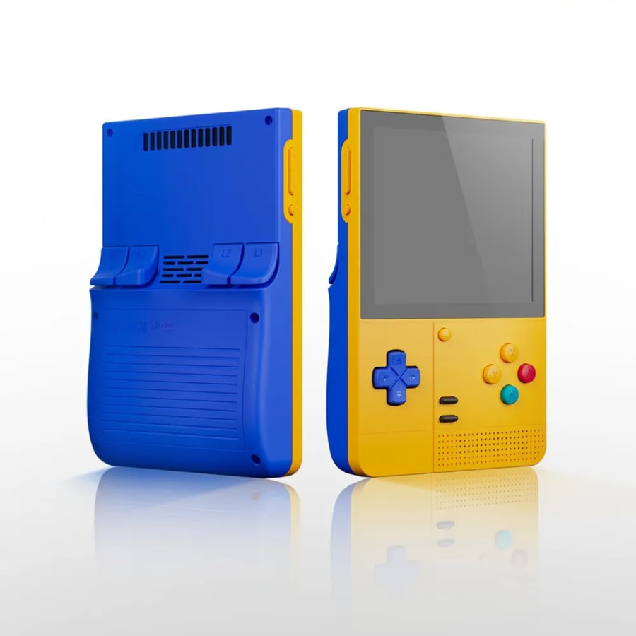 Retroid Pocket Classic - Console Android vue avant et arrière, design bleu et jaune, écran AMOLED, manettes intégrées.