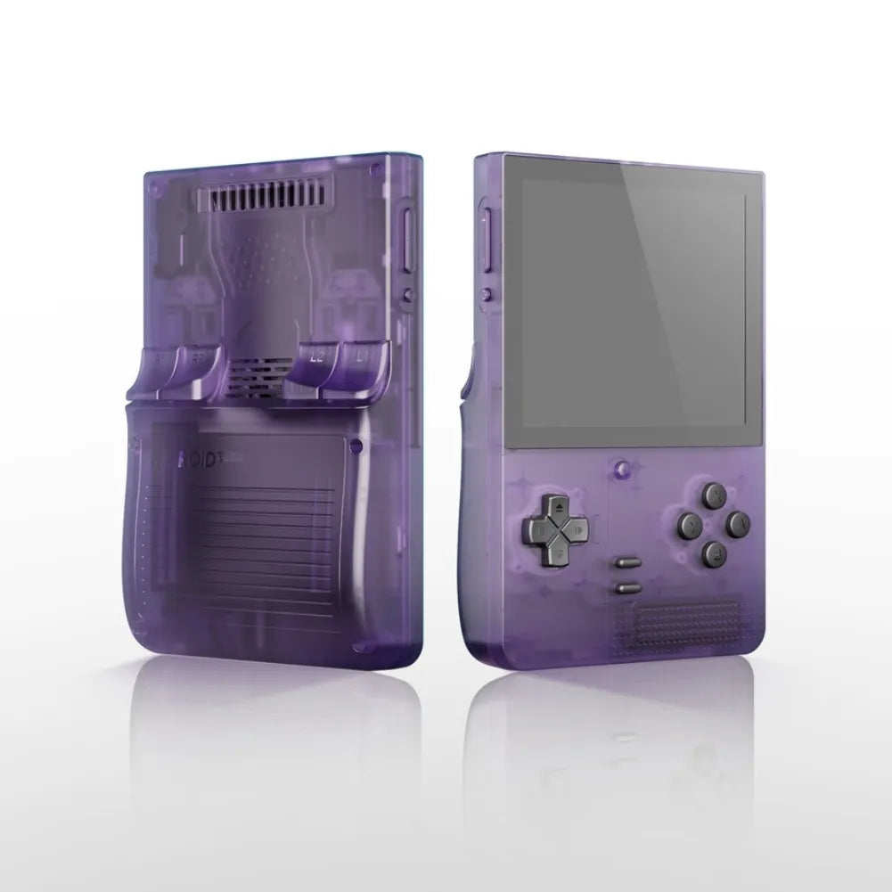 Retroid Pocket Classic - Console Android en vue avant et arrière, couleur violet translucide, écran et boutons visibles.