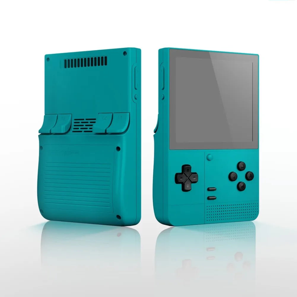 Retroid Pocket Classic - Console Android vue de face et de dos avec écran AMOLED 3.92" et design turquoise.