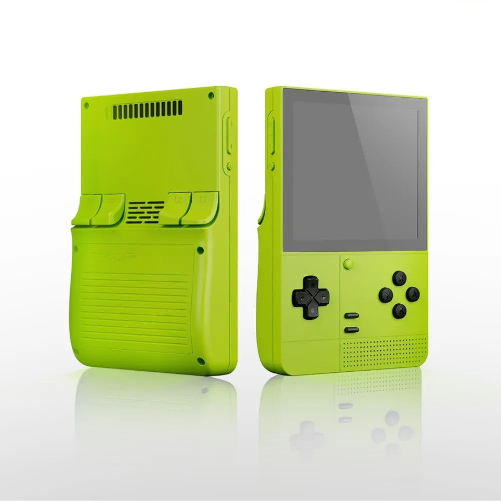 Retroid Pocket Classic - Console Android en couleur verte, vue avant et arrière, avec écran et boutons de contrôle.