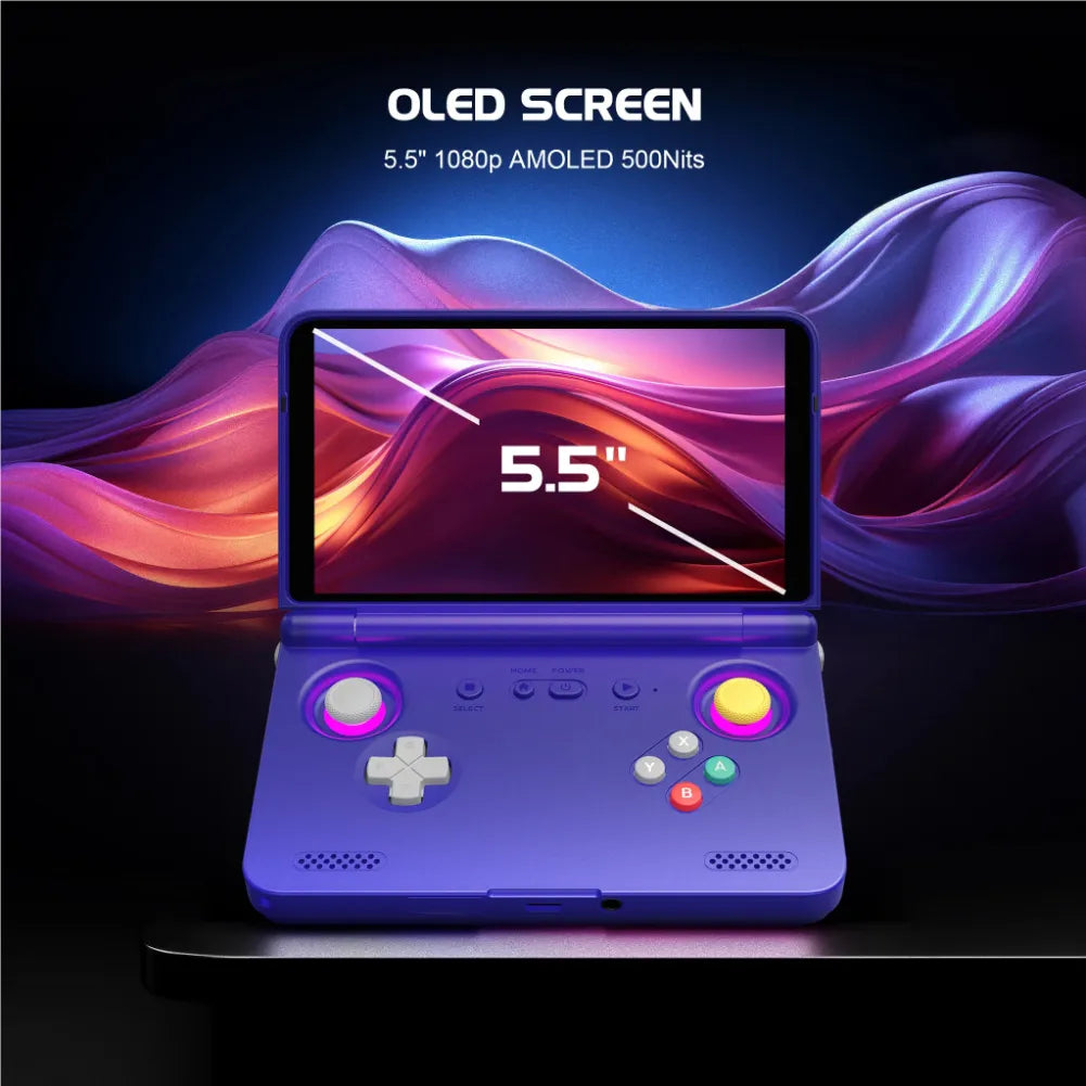 Retroid Pocket Flip 2 avec écran AMOLED 5,5 pouces et manettes colorées, parfait pour le gaming portable.